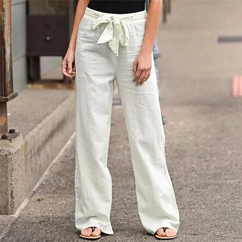 Women's Wide Leg Linen Pants - Casual Elastic Waist Trousers