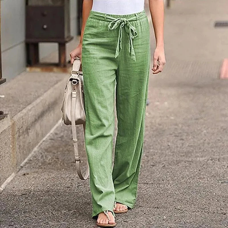 Women's Wide Leg Linen Pants - Casual Elastic Waist Trousers