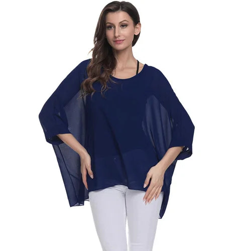 Women's Bohemian Chiffon Blouse - Plus Size Batwing Sleeve Summer Top