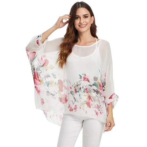 Women's Bohemian Chiffon Blouse - Plus Size Batwing Sleeve Summer Top