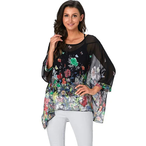 Women's Bohemian Chiffon Blouse - Plus Size Batwing Sleeve Summer Top