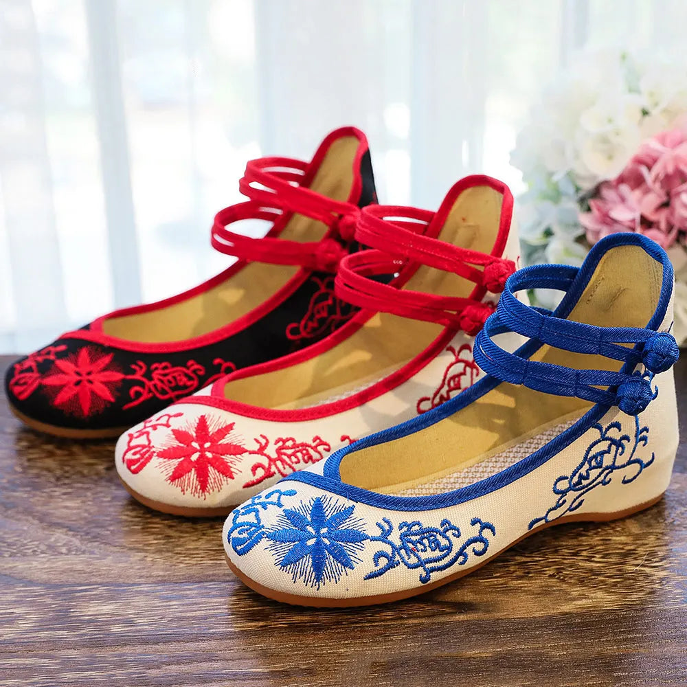 Veowalk Sunflower Embroidered Canvas Ballet Flats - Women's Ankle Strap Ballerina Shoes
