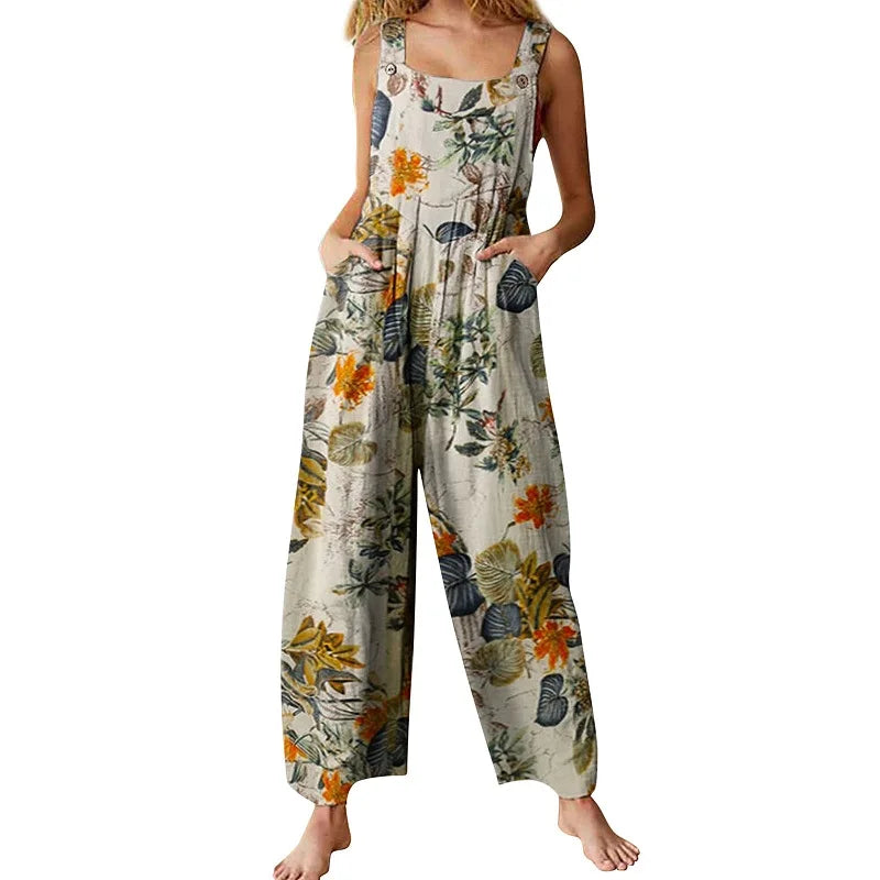 Women's Linen Cotton Jumpsuit - Sleeveless Floral Print