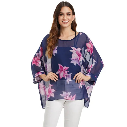 Women's Bohemian Chiffon Blouse - Plus Size Batwing Sleeve Summer Top