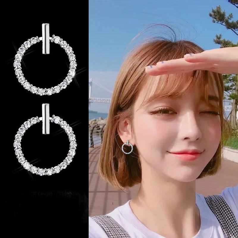 Sterling Silver Crystal Stud Earrings - Geometric Round Design
