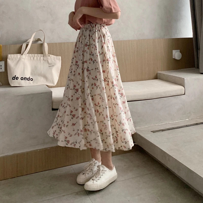 Women's Floral A-Line Midi Skirt with Elastic Waist