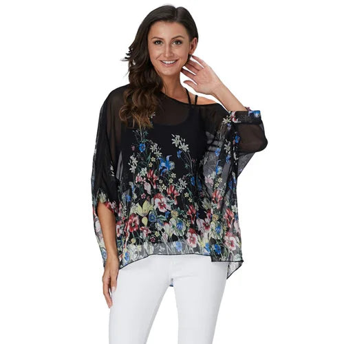 Women's Bohemian Chiffon Blouse - Plus Size Batwing Sleeve Summer Top