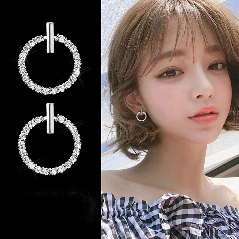 Sterling Silver Crystal Stud Earrings - Geometric Round Design