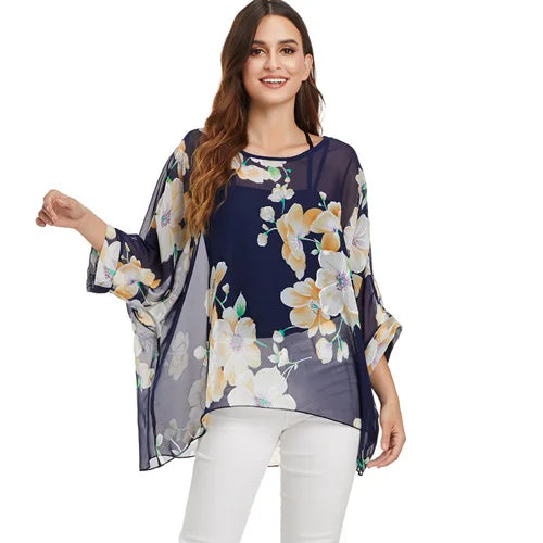 Women's Bohemian Chiffon Blouse - Plus Size Batwing Sleeve Summer Top