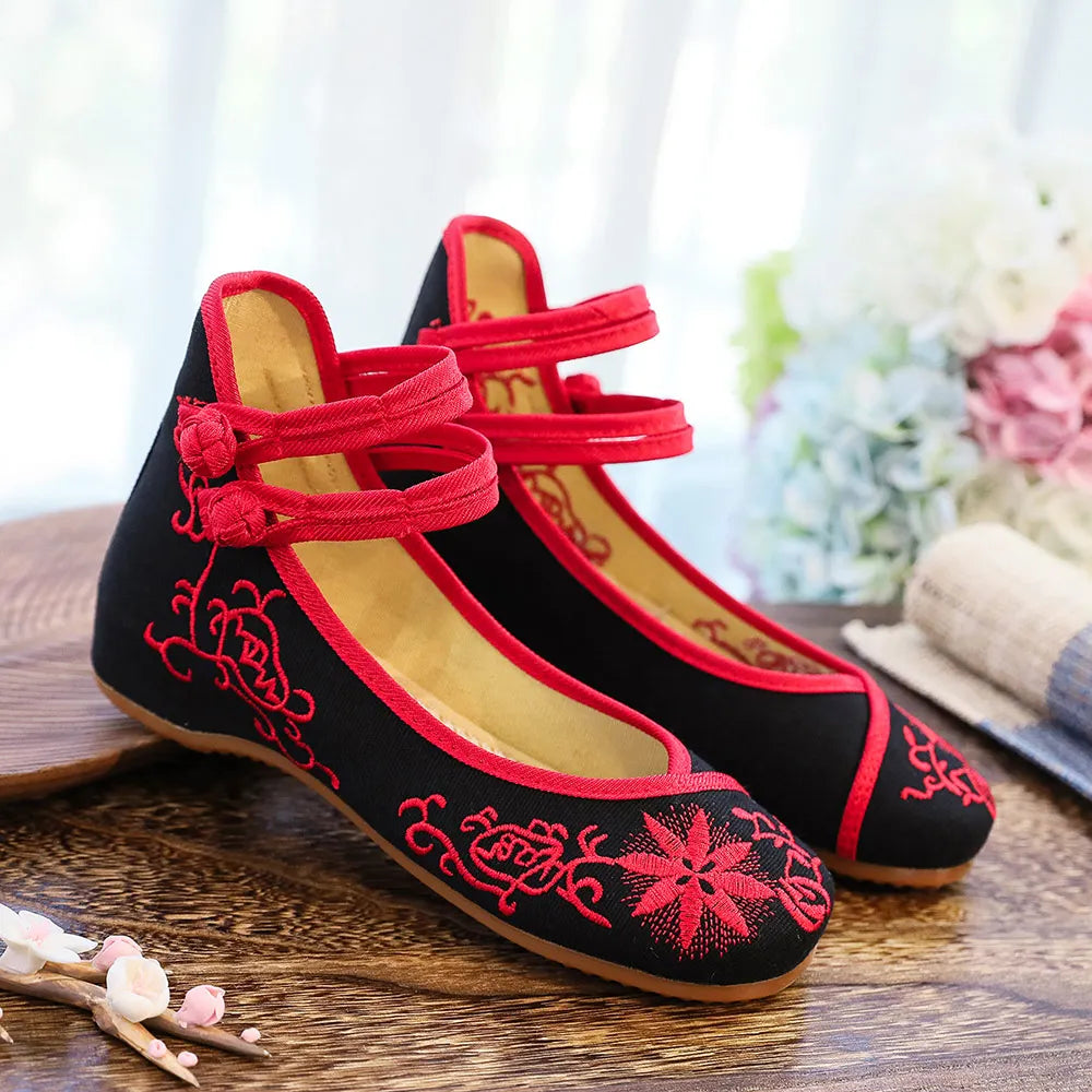 Veowalk Sunflower Embroidered Canvas Ballet Flats - Women's Ankle Strap Ballerina Shoes