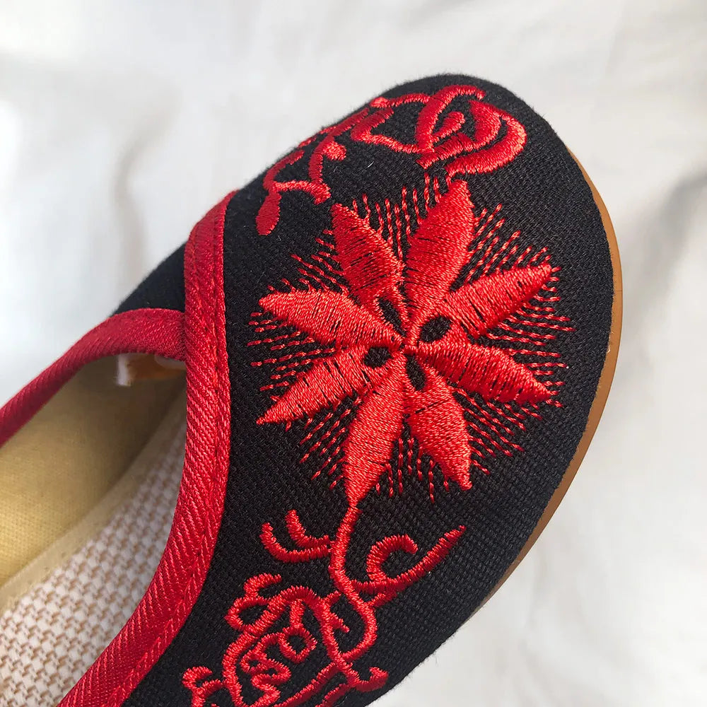 Veowalk Sunflower Embroidered Canvas Ballet Flats - Women's Ankle Strap Ballerina Shoes