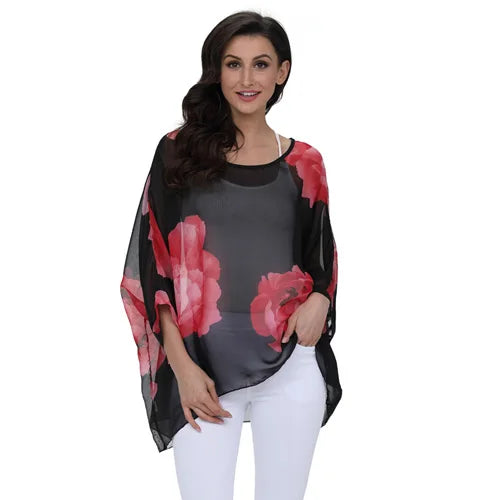 Women's Bohemian Chiffon Blouse - Plus Size Batwing Sleeve Summer Top