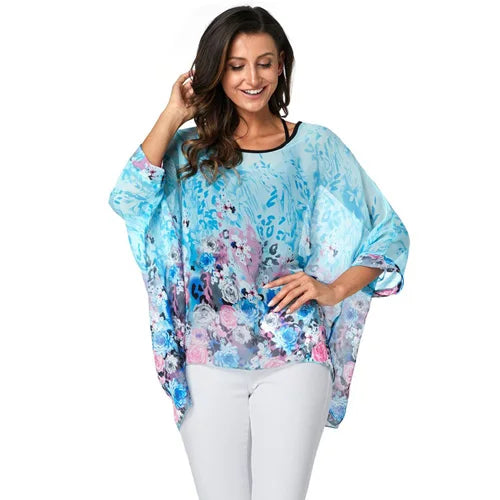 Women's Bohemian Chiffon Blouse - Plus Size Batwing Sleeve Summer Top