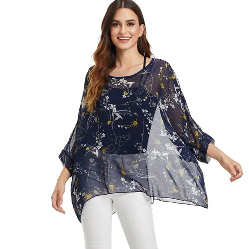 Women's Bohemian Chiffon Blouse - Plus Size Batwing Sleeve Summer Top