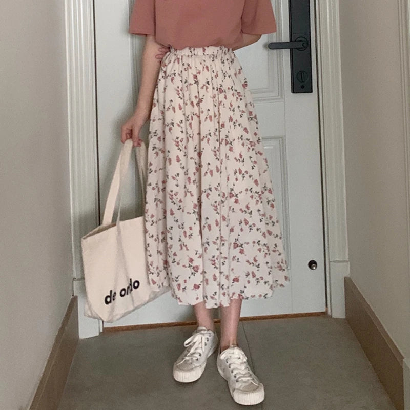 Women's Floral A-Line Midi Skirt with Elastic Waist