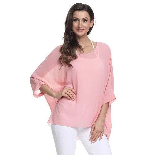 Women's Bohemian Chiffon Blouse - Plus Size Batwing Sleeve Summer Top
