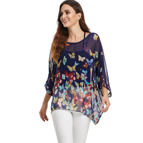 Women's Bohemian Chiffon Blouse - Plus Size Batwing Sleeve Summer Top