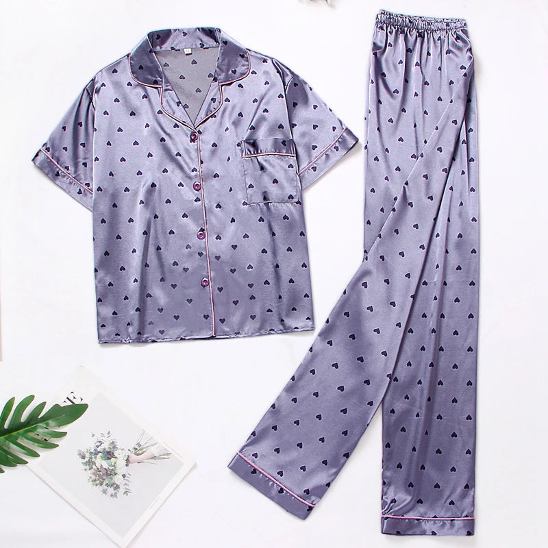 Women's Satin Pajama Set - Floral Print Button-Down Shirt & Trousers
