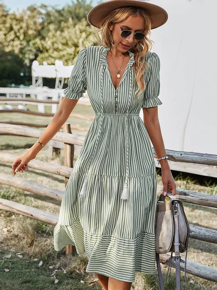 Women's Striped V-Neck Midi Dress with Lantern Sleeves