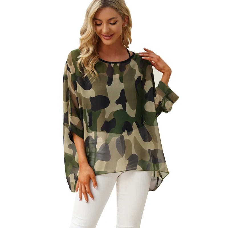Women's Bohemian Chiffon Blouse - Plus Size Batwing Sleeve Summer Top