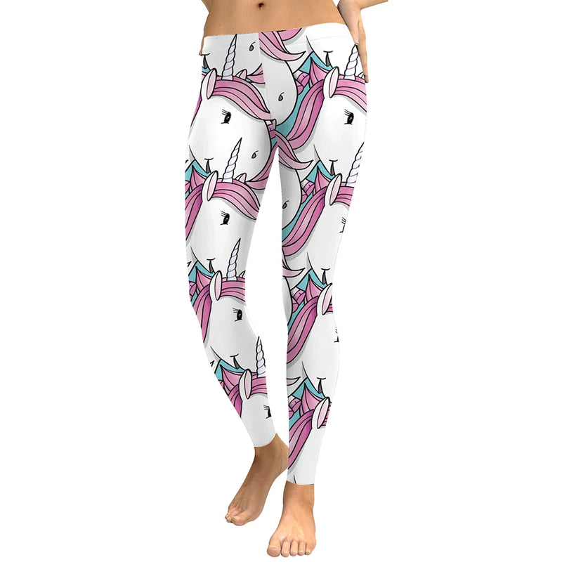 Women's White Unicorn Print Athletic Leggings - Mid-Waist Stretchy Fitness Pants