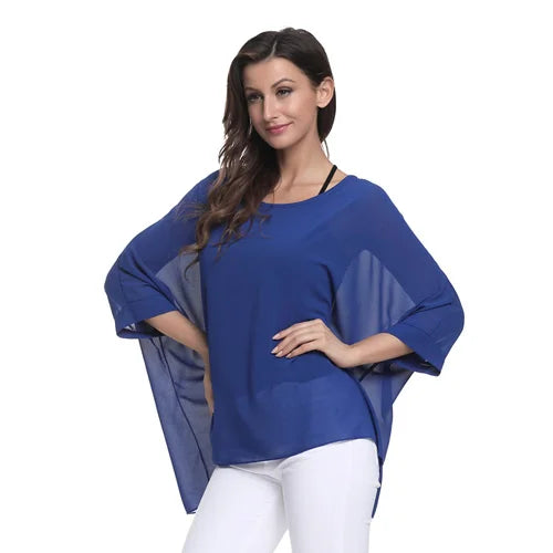Women's Bohemian Chiffon Blouse - Plus Size Batwing Sleeve Summer Top