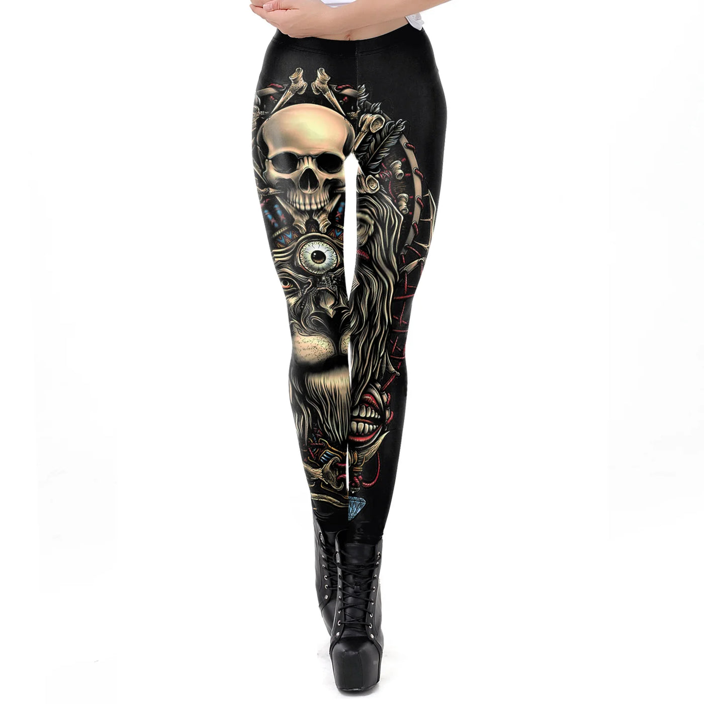 Gothic Skull Print High-Waist Leggings for Women