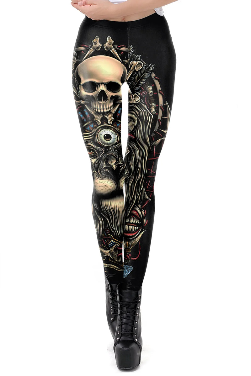 Gothic Skull Print High-Waist Leggings for Women