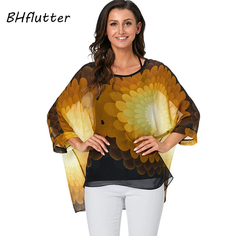 Women's Bohemian Chiffon Blouse - Plus Size Batwing Sleeve Summer Top