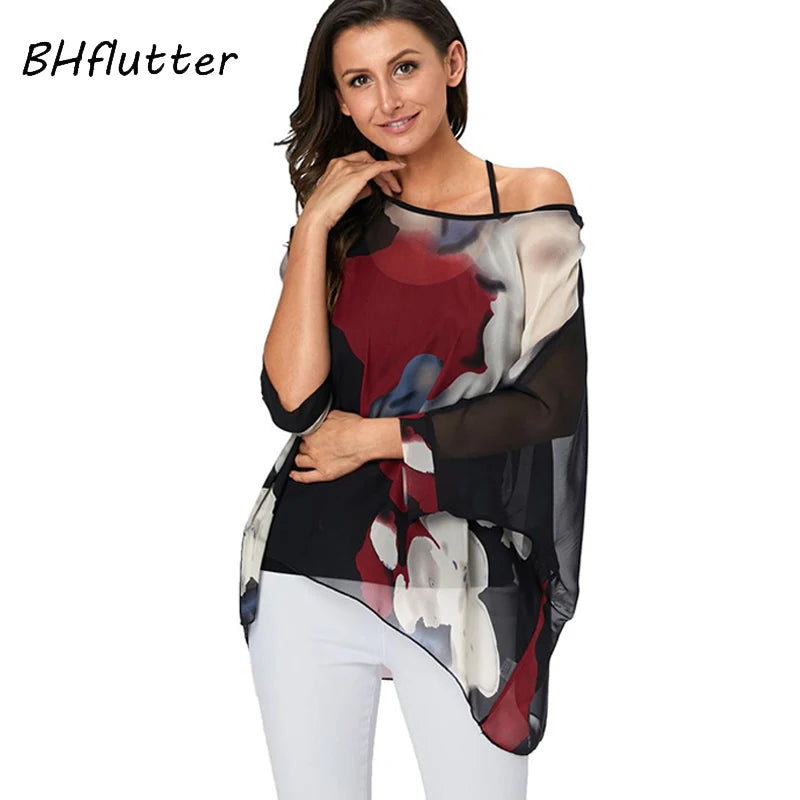 Women's Bohemian Chiffon Blouse - Plus Size Batwing Sleeve Summer Top