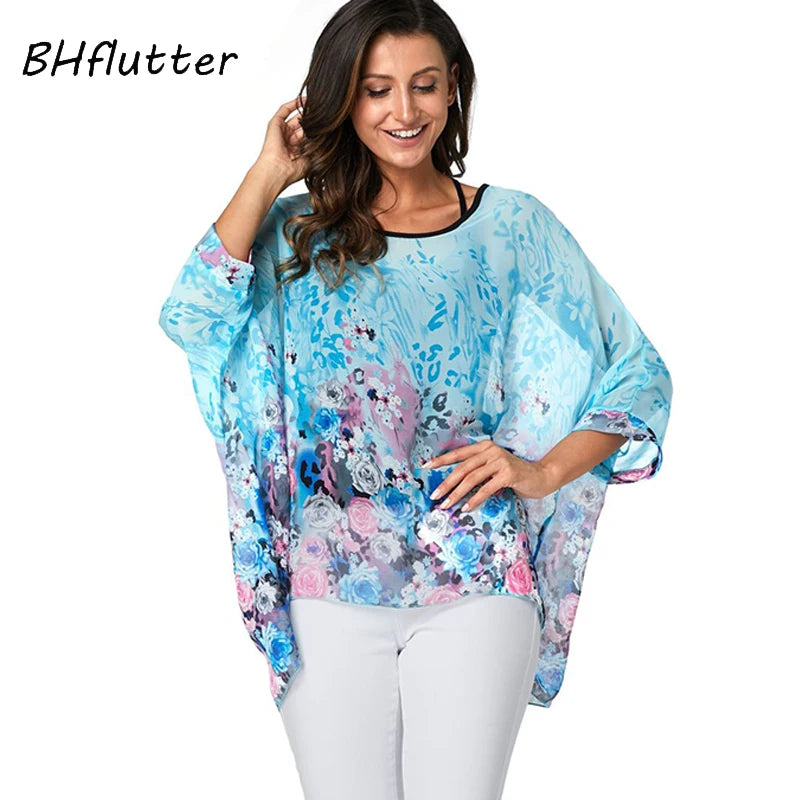 Women's Bohemian Chiffon Blouse - Plus Size Batwing Sleeve Summer Top