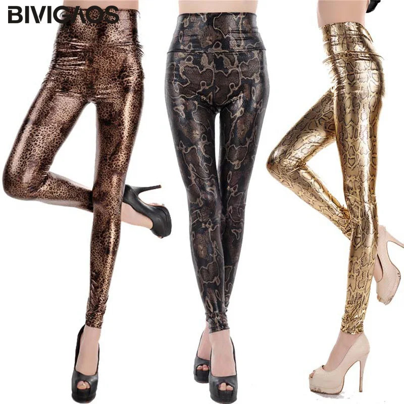 High Waist Faux Leather Snakeskin Leggings for Women