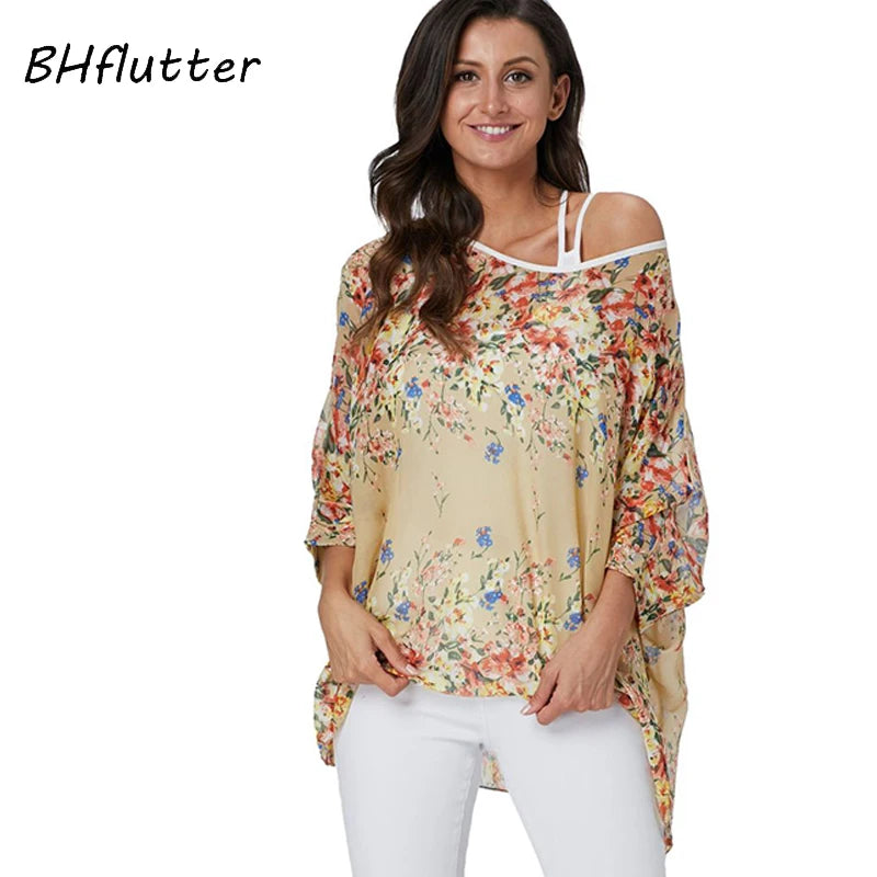 Women's Bohemian Chiffon Blouse - Plus Size Batwing Sleeve Summer Top