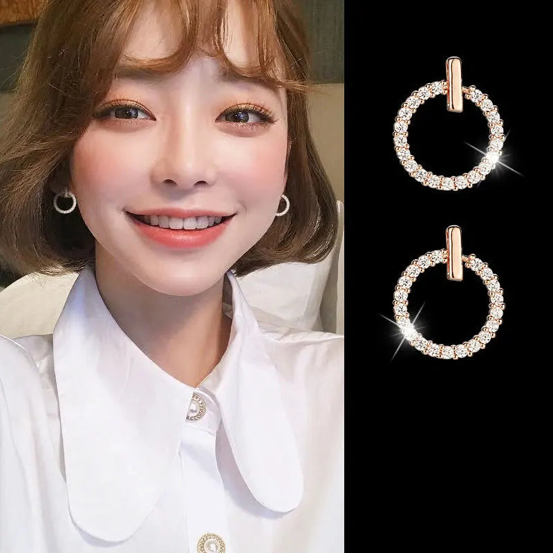 Sterling Silver Crystal Stud Earrings - Geometric Round Design