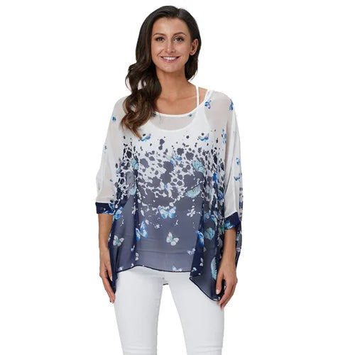 Women's Bohemian Chiffon Blouse - Plus Size Batwing Sleeve Summer Top