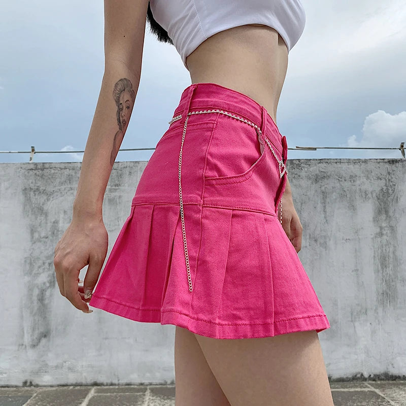 Women's High Waist Pleated Denim Mini Skirt - Y2K Korean Fashion