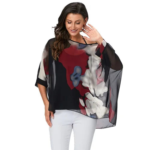 Women's Bohemian Chiffon Blouse - Plus Size Batwing Sleeve Summer Top