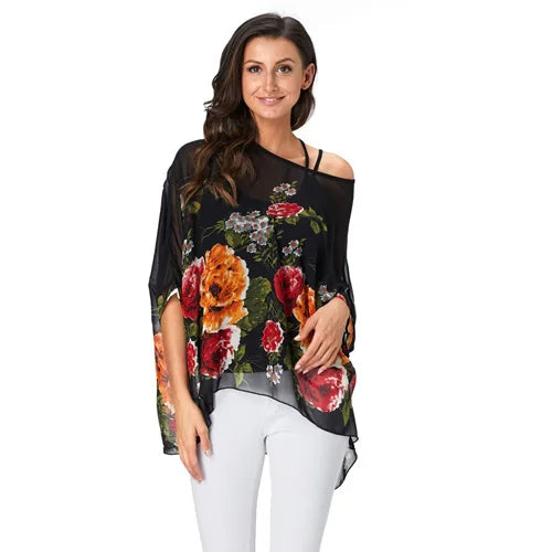Women's Bohemian Chiffon Blouse - Plus Size Batwing Sleeve Summer Top