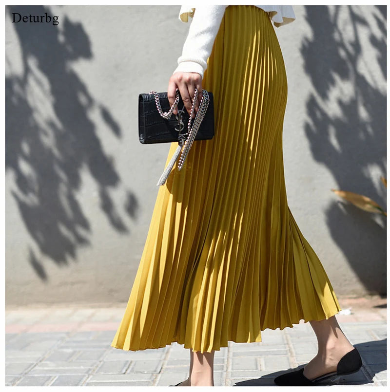 Women's Pleated Midi Skirt - Korean Fashion High Waist Chiffon