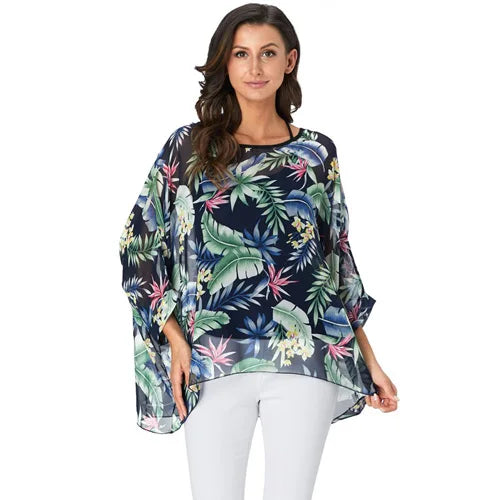 Women's Bohemian Chiffon Blouse - Plus Size Batwing Sleeve Summer Top