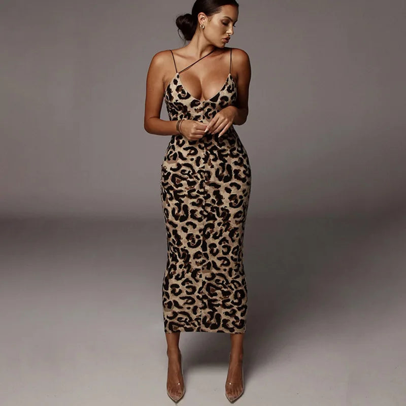 Leopard Print V-Neck Midi Dress - Sleeveless Bodycon Dress for Women