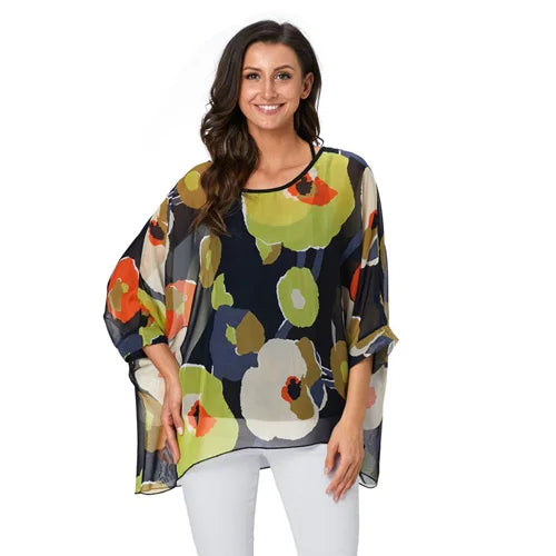 Women's Bohemian Chiffon Blouse - Plus Size Batwing Sleeve Summer Top