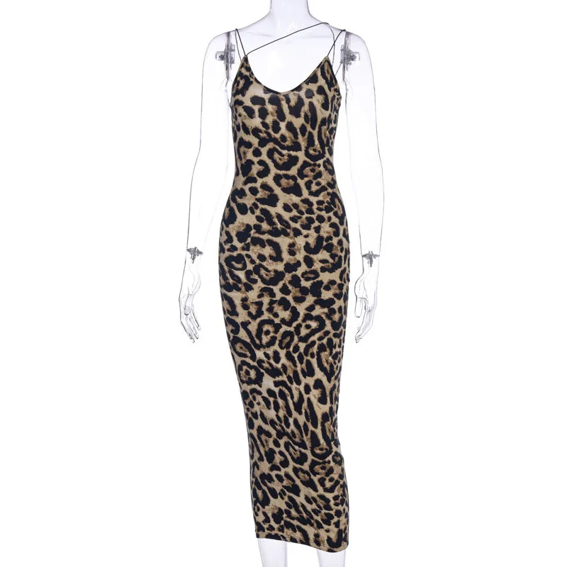 Leopard Print V-Neck Midi Dress - Sleeveless Bodycon Dress for Women