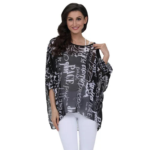 Women's Bohemian Chiffon Blouse - Plus Size Batwing Sleeve Summer Top