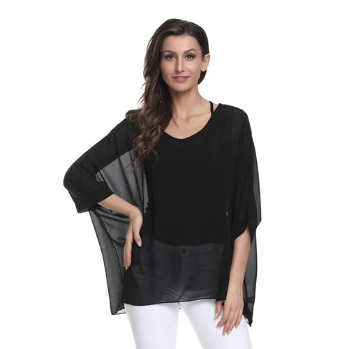 Women's Bohemian Chiffon Blouse - Plus Size Batwing Sleeve Summer Top