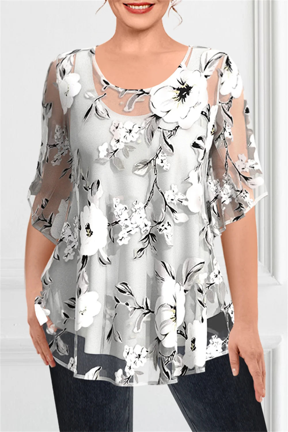 Women's Plus Size Floral Chiffon Two-Piece Blouse Set