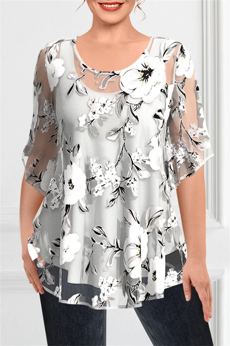 Women's Plus Size Floral Chiffon Two-Piece Blouse Set