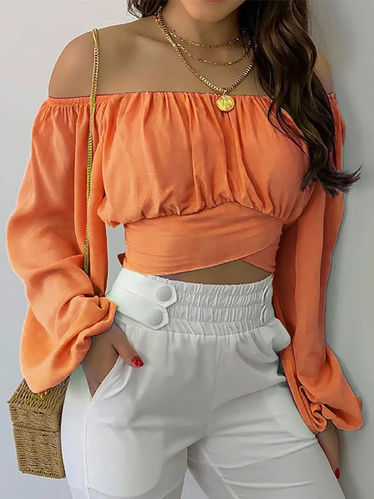 Off-Shoulder Blouse - Lantern Sleeve Lace-Up Crop Top