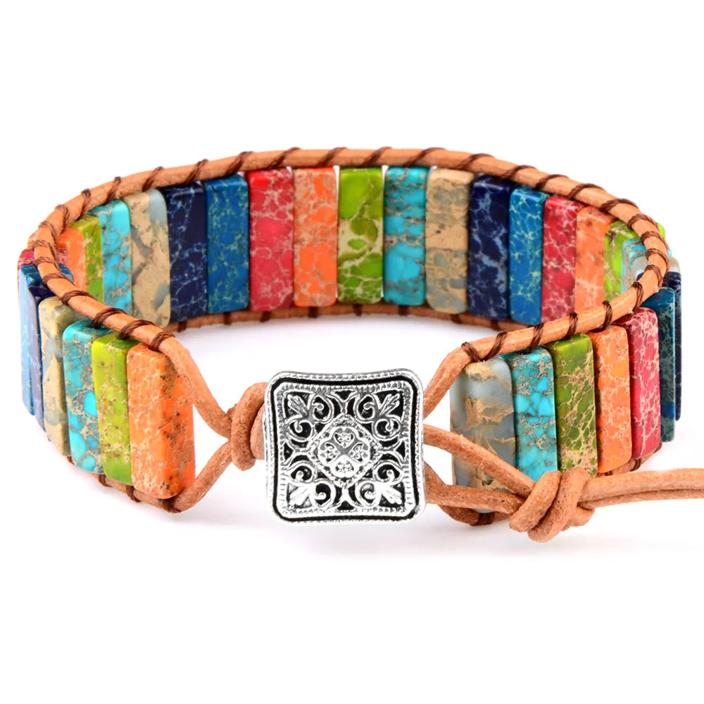 Multicolor Natural Stone Leather Wrap Bracelet - Adjustable Tibetan Bead Jewelry