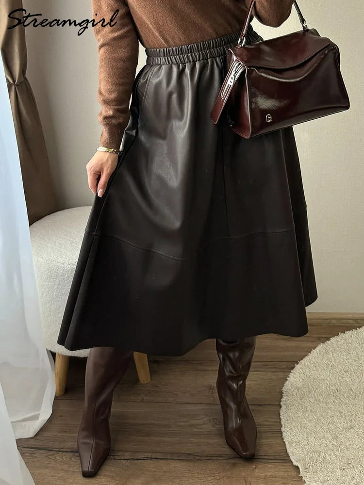 Women's Faux Leather Midi Skirt with Pockets - A-Line Elastic Waist